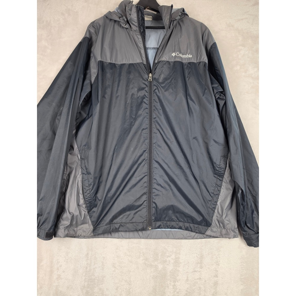 Columbia Windbreaker Jacket Mens L Black Gray Full Zip Hooded Outdoor Rain *Read